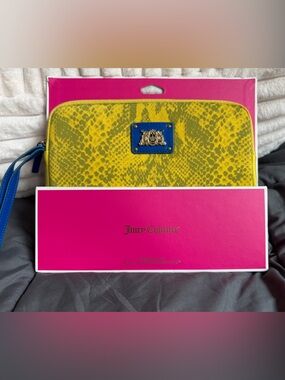 Juicy Couture Yellow Snakeskin-Print Wristlet with Blue Trim